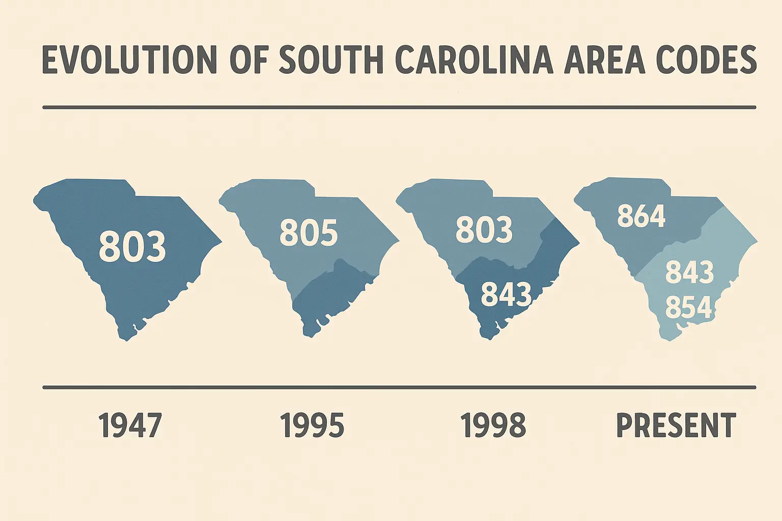 Historical evolution of South Carolina area codes