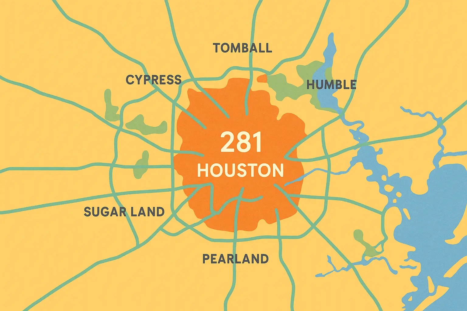 281 area code coverage map showing Greater Houston region