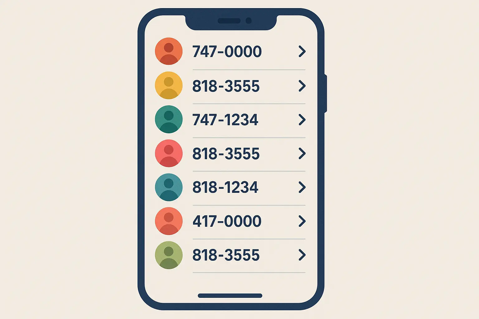 Smartphone showing contact list with 747 and 818 numbers