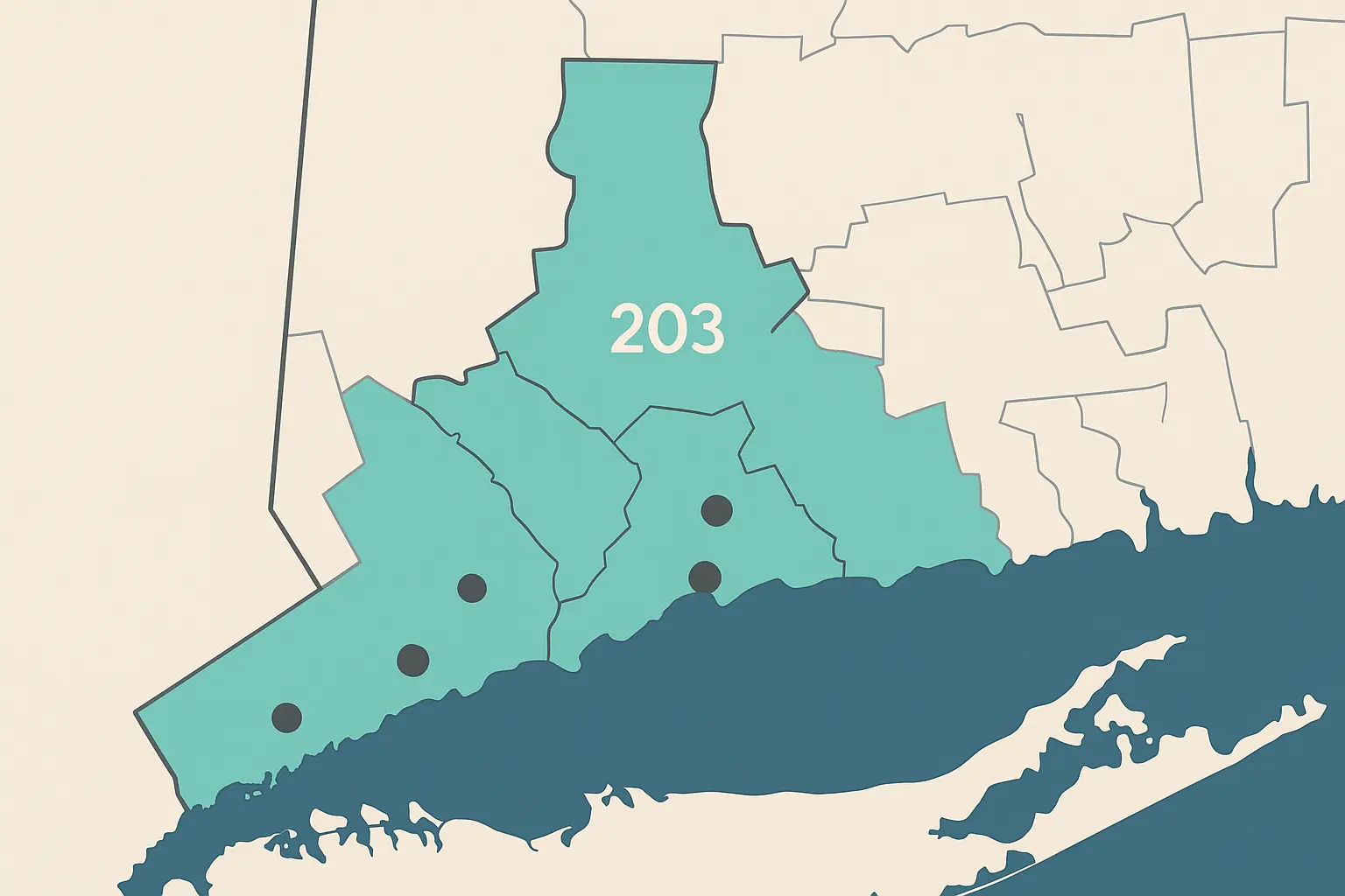 203 area code coverage map of southwestern Connecticut