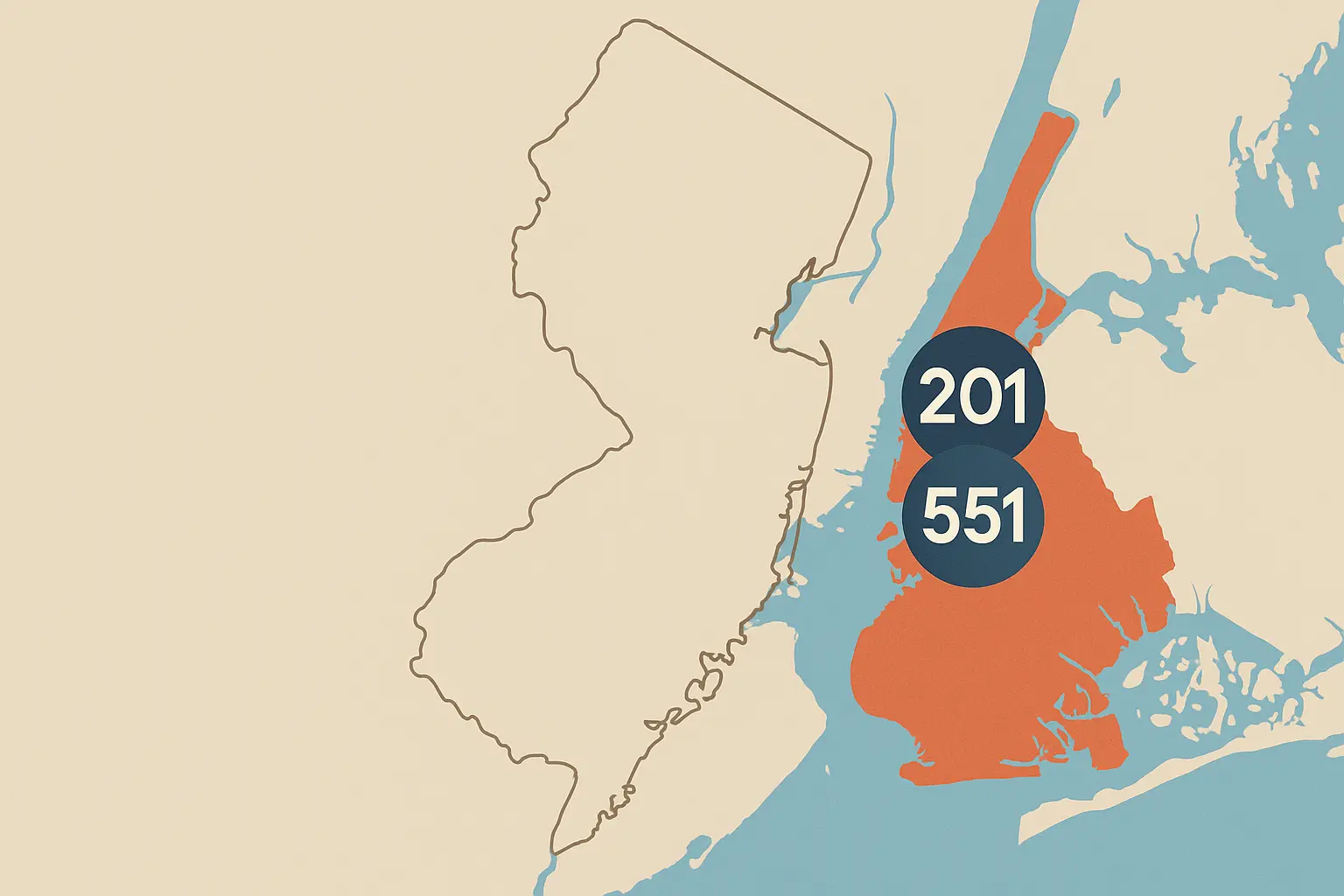Map of 551 and 201 area code coverage