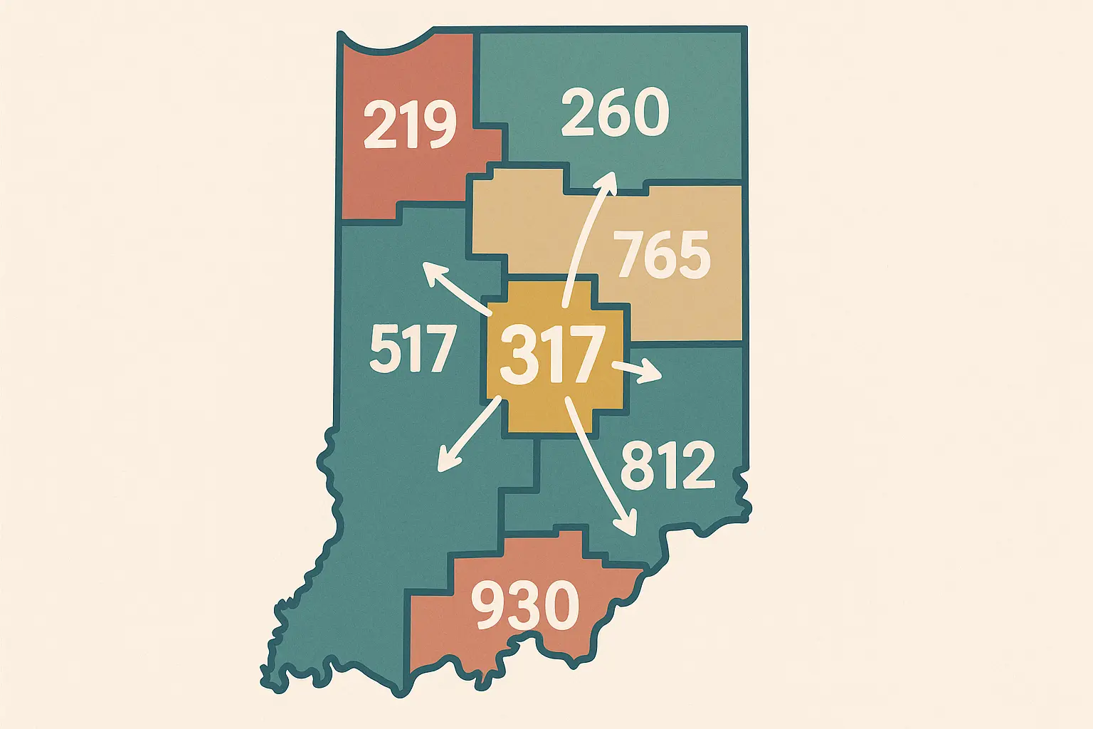 Indiana area code map showing 317 and adjacent regions
