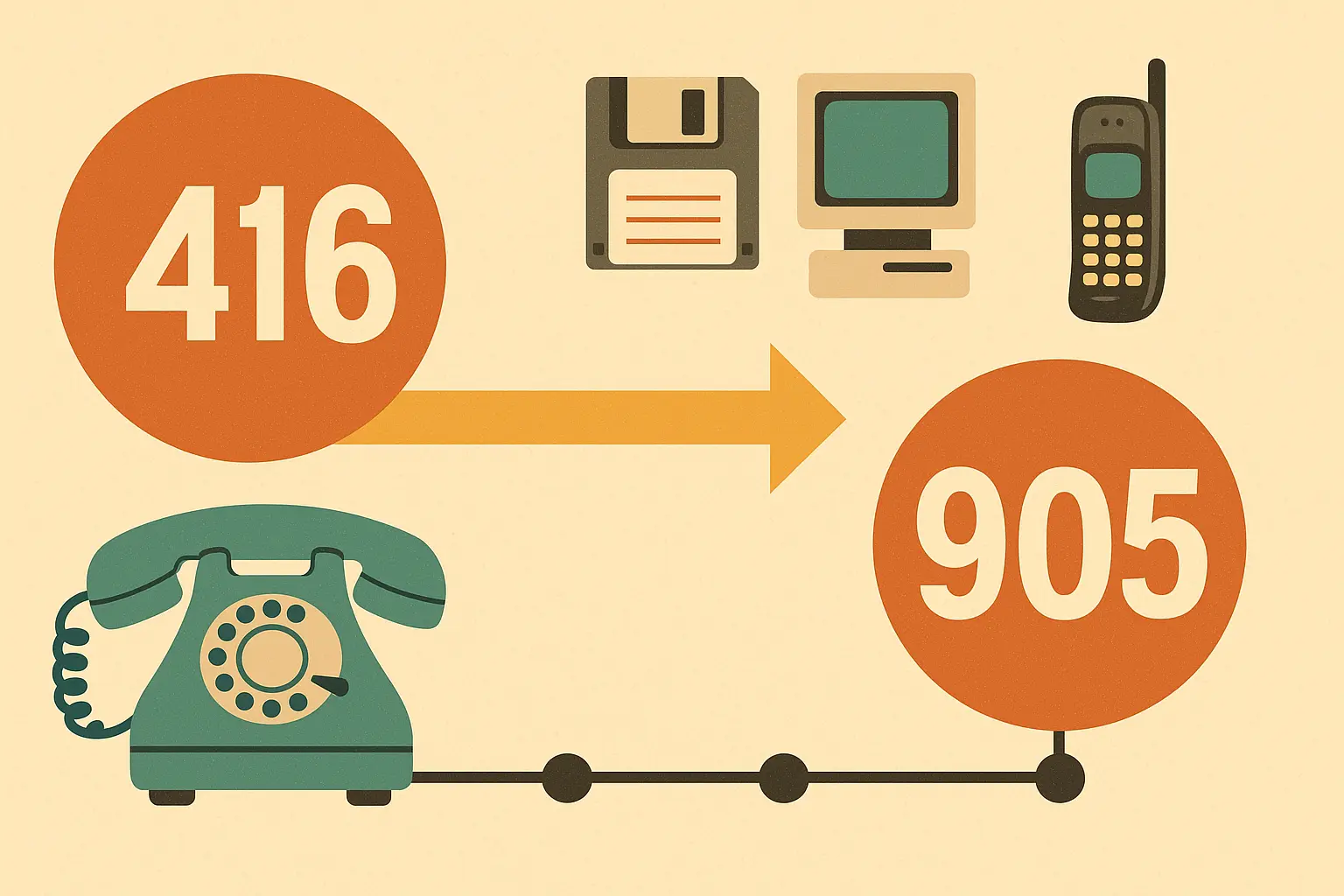 Historical timeline showing 905 area code creation in 1993