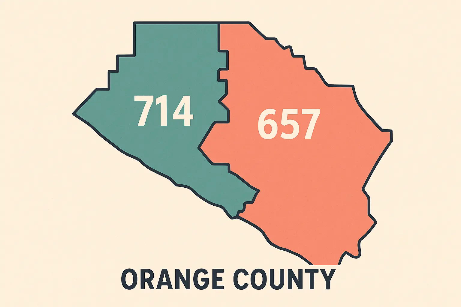 Map showing 714 and 657 area code overlay boundaries in Orange County