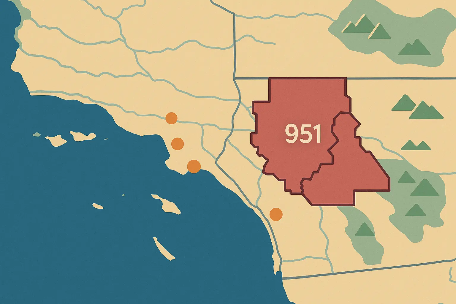 951 area code Southern California map