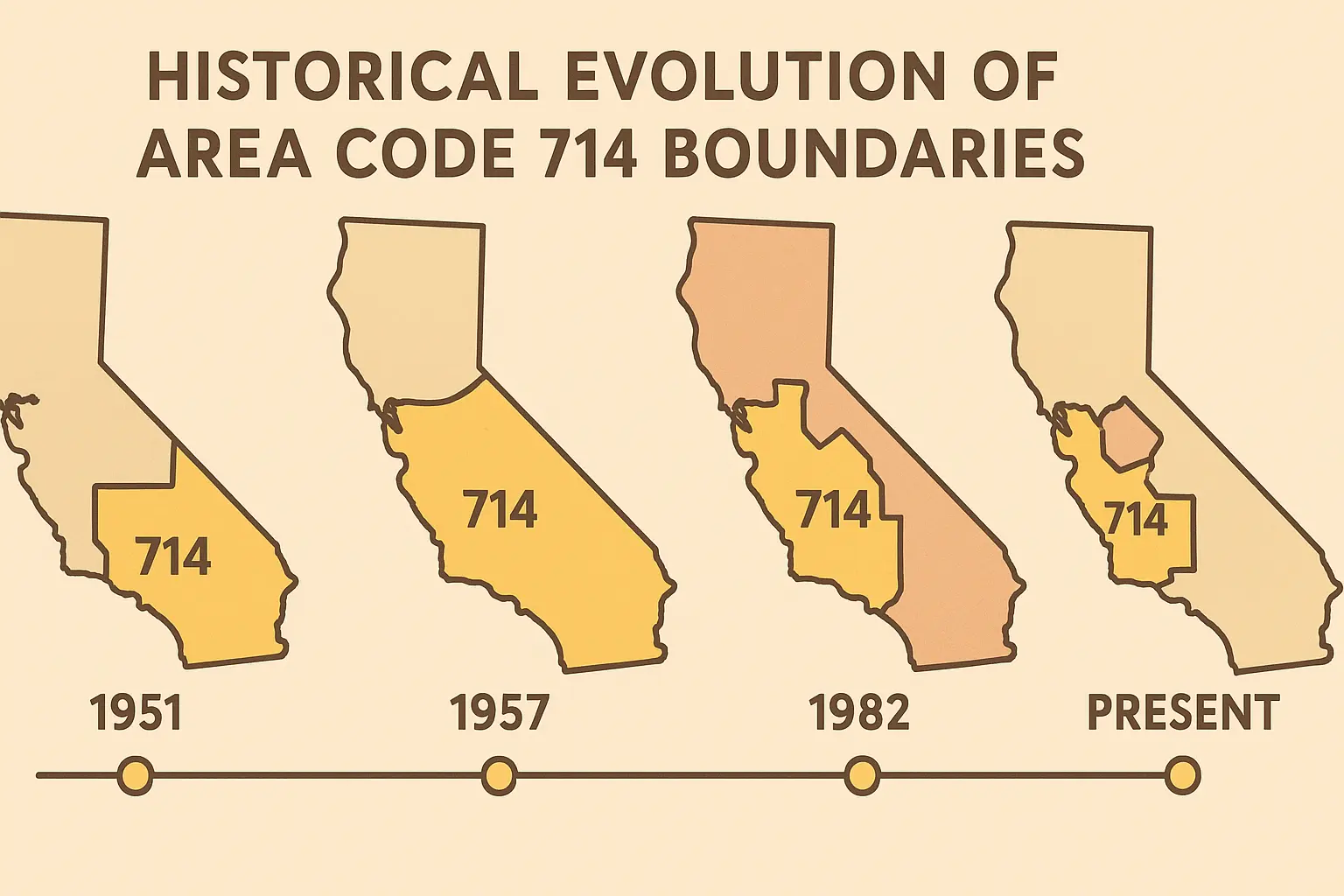 Historical map showing original 714 area code coverage versus current boundaries