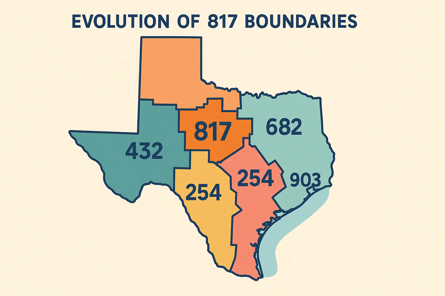 Historical Texas area code boundaries map