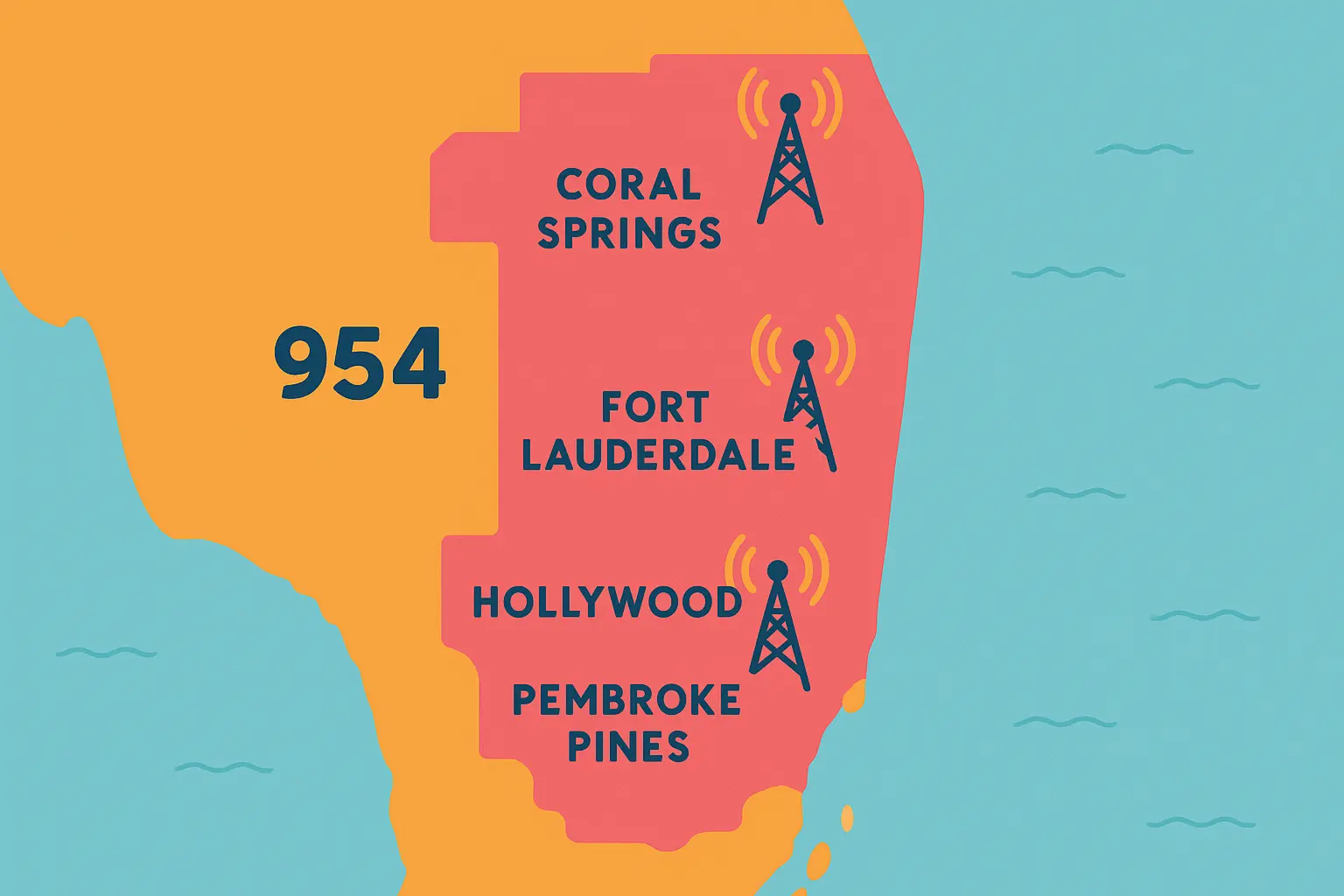954 area code map showing South Florida coverage