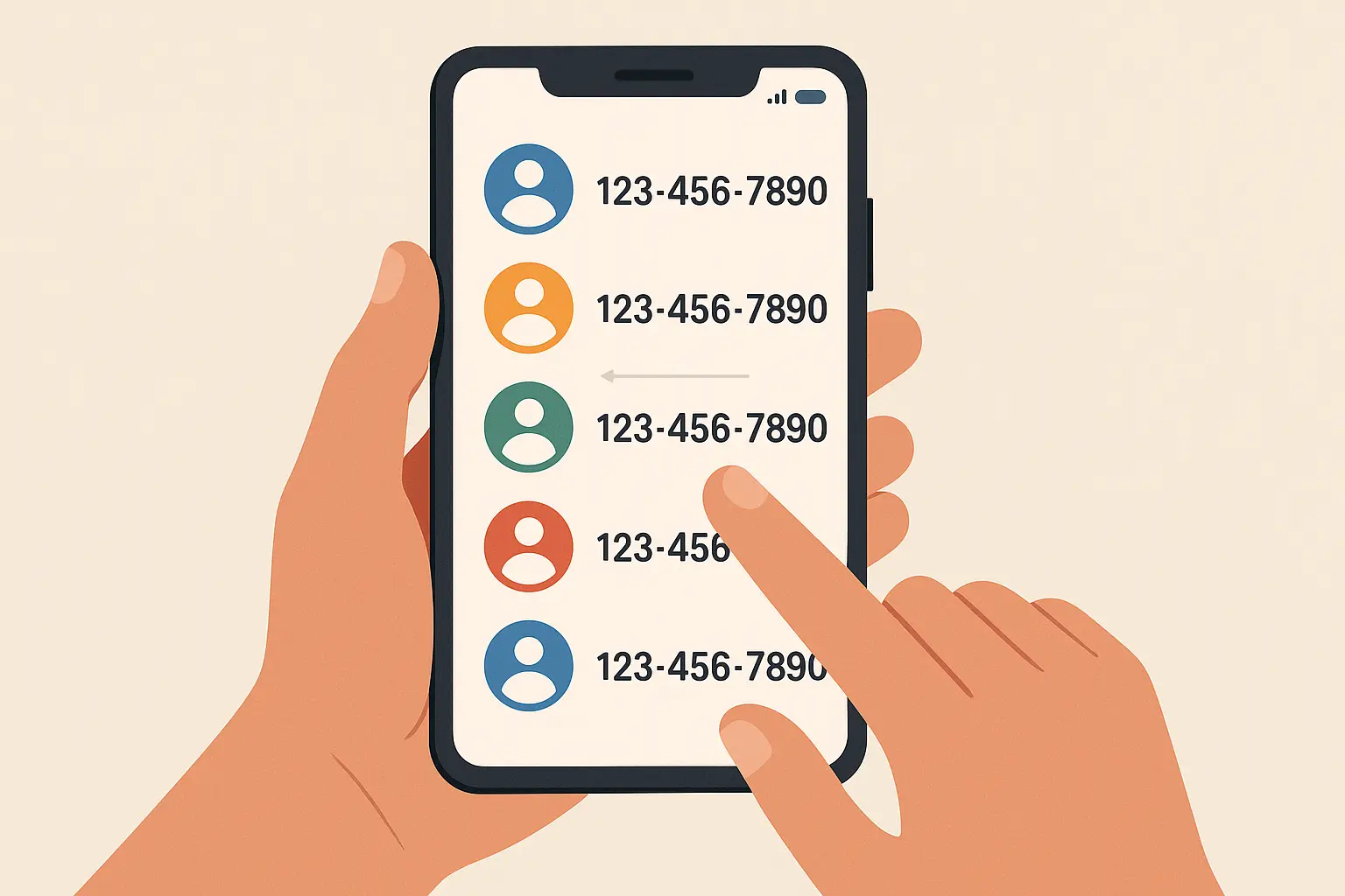 Smartphone contact list showing 10-digit phone numbers