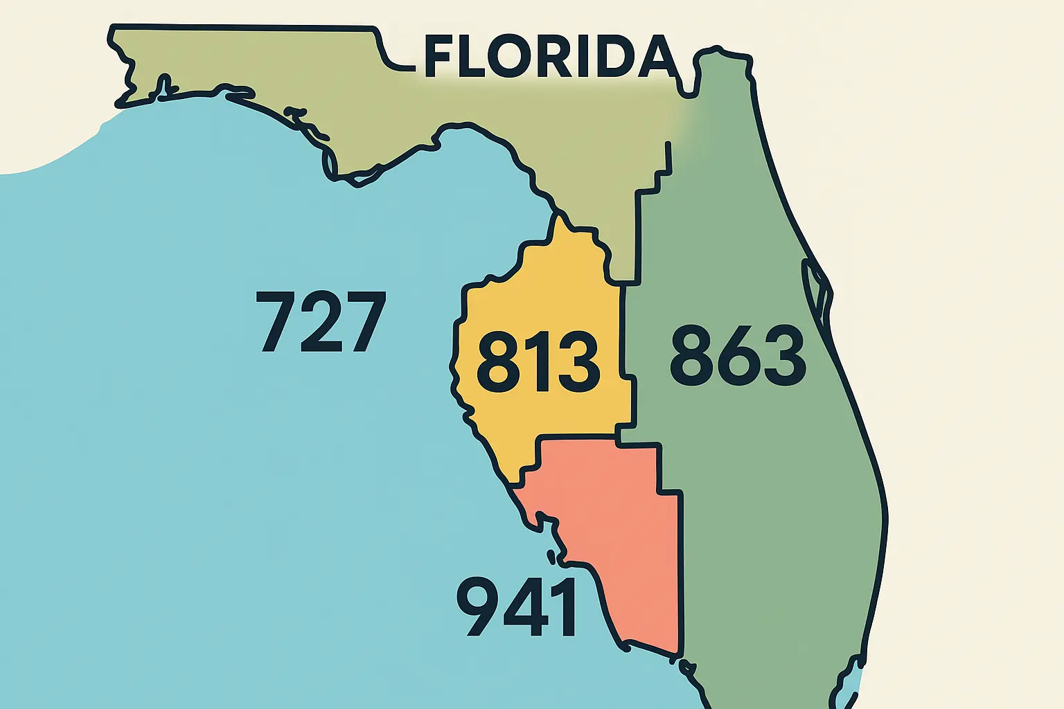 Florida area codes surrounding 813 Tampa region