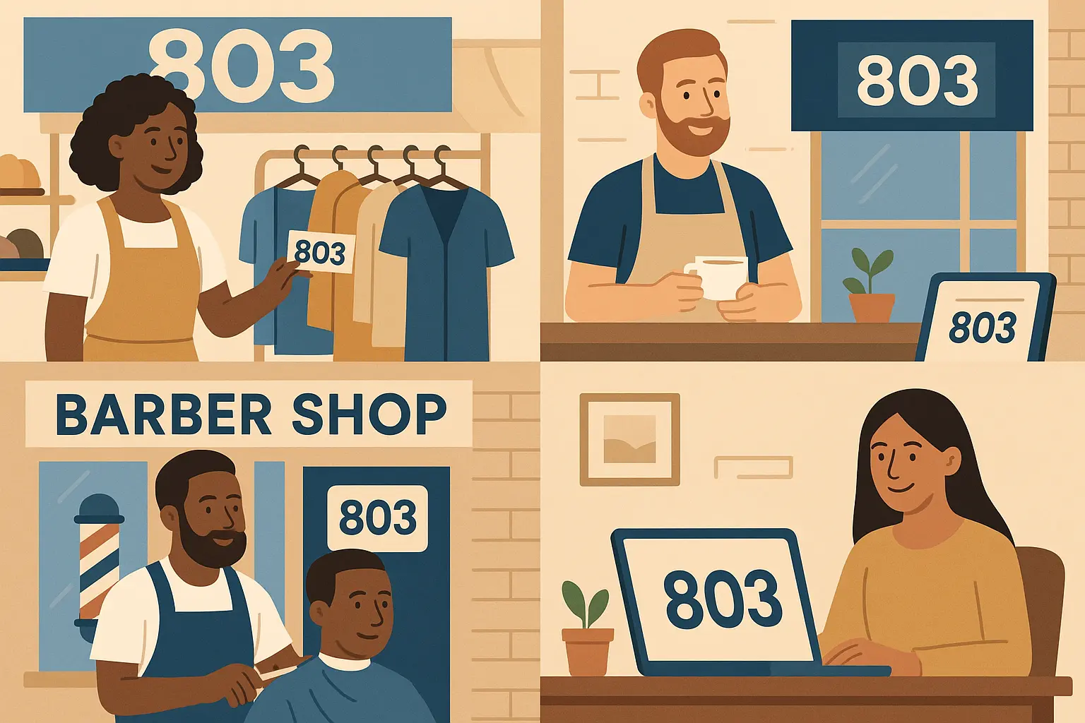 Business district in Columbia showing 803 area code presence