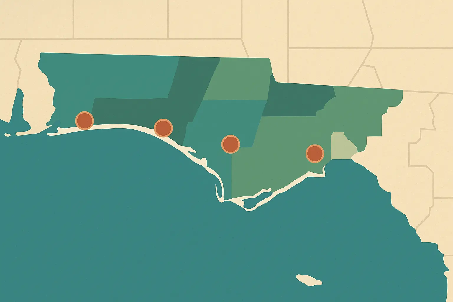 850 area code map of Northwest Florida